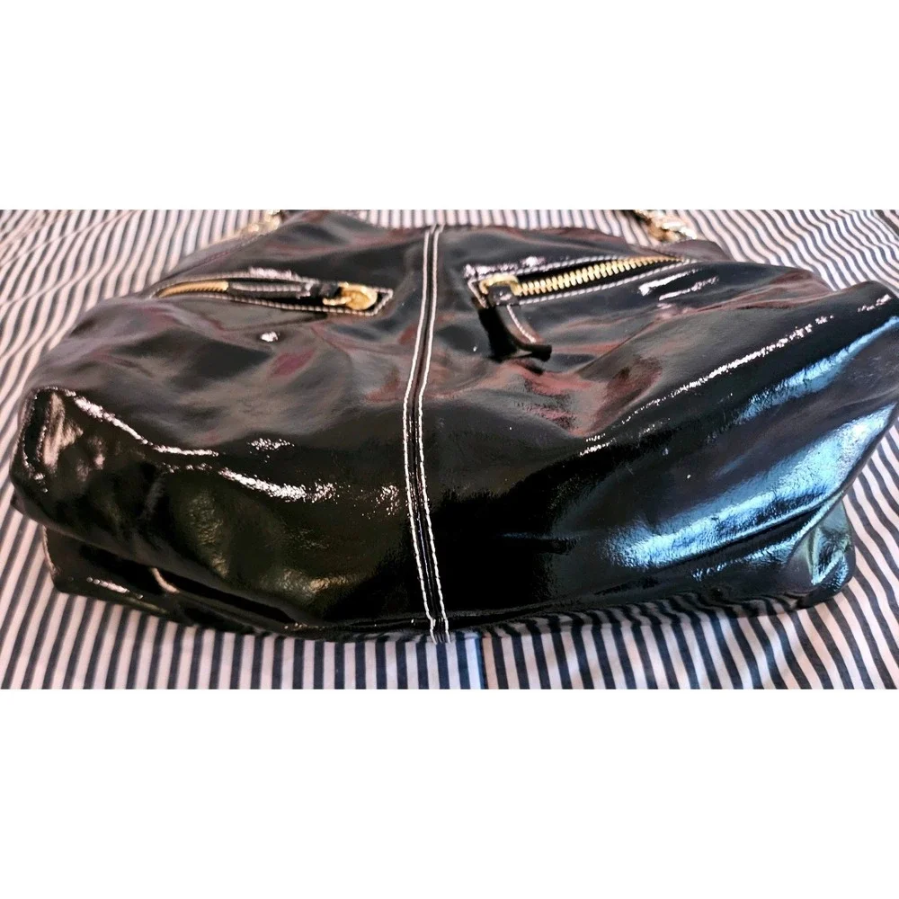 Dooney‎ & Bourke Luisa Black Patent Leather Hobo Bag White Stitching Gingham EUC